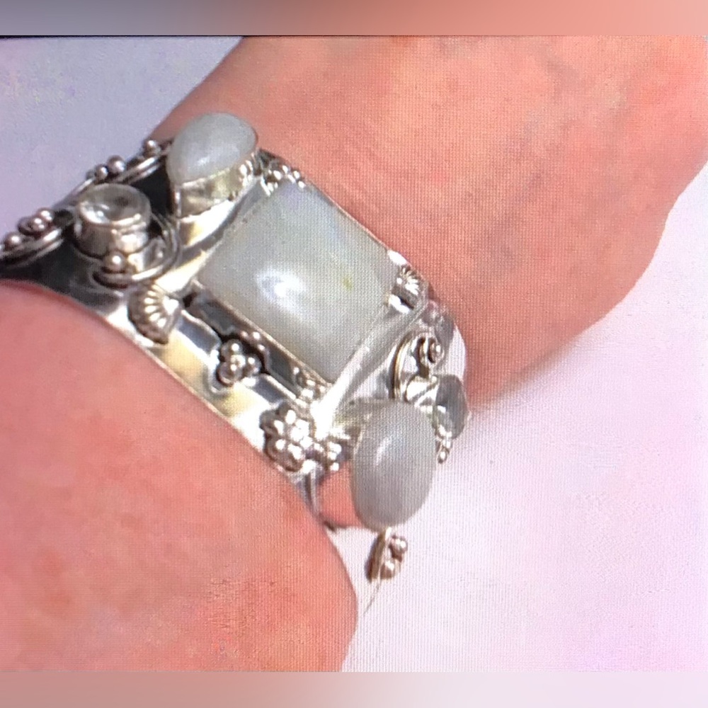 Moonstone Stamped Solid 925 Sterling Silver Cuff Bracelet